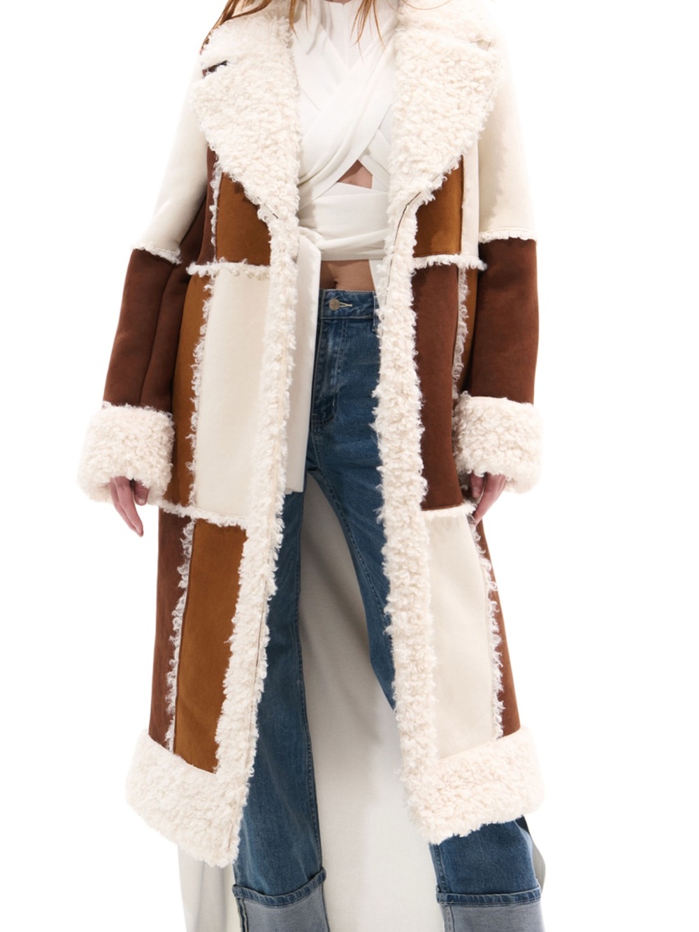 Azalea Wang Telluride Longline Patchwork Faux Shearling Coat Sherpa Boho Western
